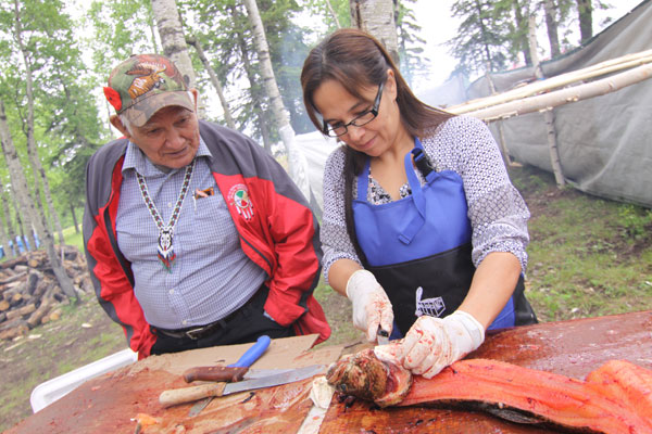 Lac La Ronge Indian Band Chief Tammy Cook Searson stopped by to cut a few trout, learn some new techniques and, under a watchful eye, prepare some fish heads for boiling.